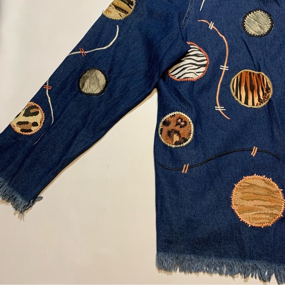 Julia Kim 1X XL animal print denim patchwork circles button up jacket 95809 raw - Picture 3 of 11